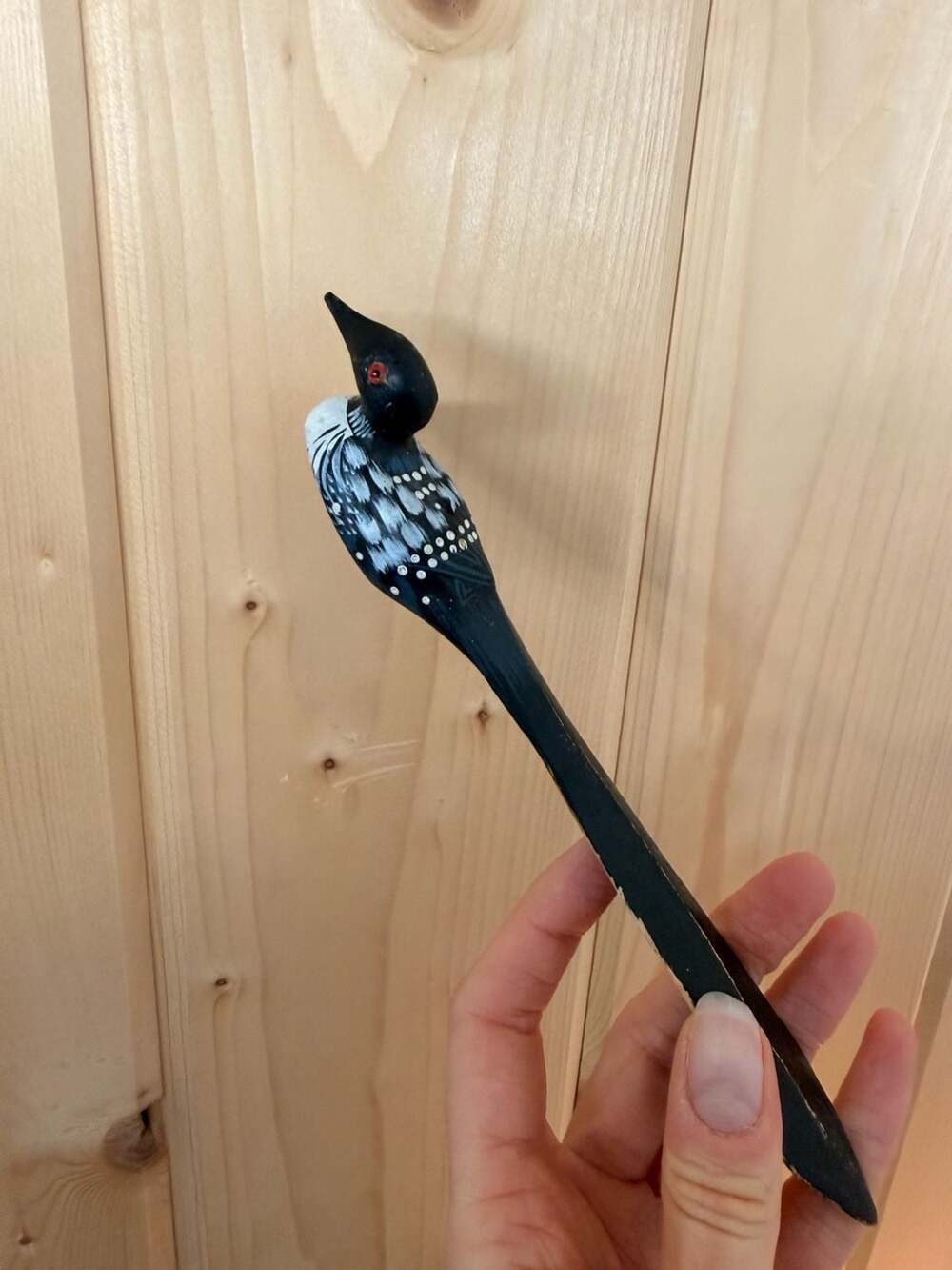 Vintage Carved Painted Wooden Bird Loon Letter Opener Folk Art Cabin Decor